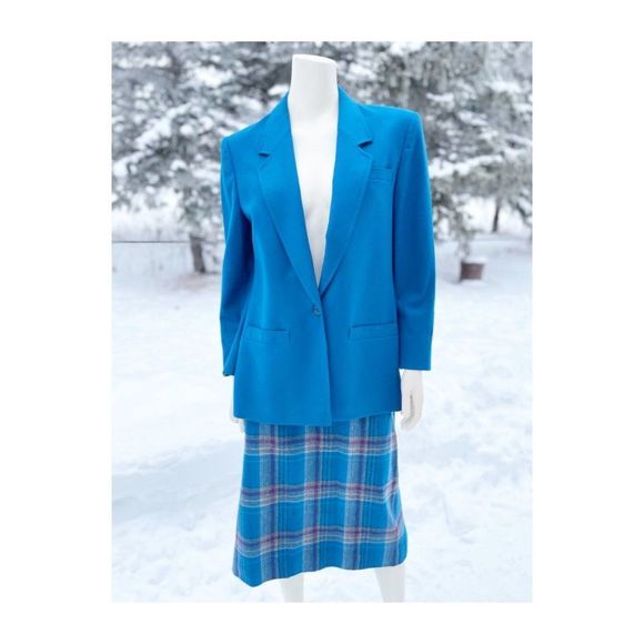 Vintage 80s Wool Skirt Suit Teal Boxy Blazer Tartan Plaid Midi Skirt Sz 12 - Picture 6 of 11
